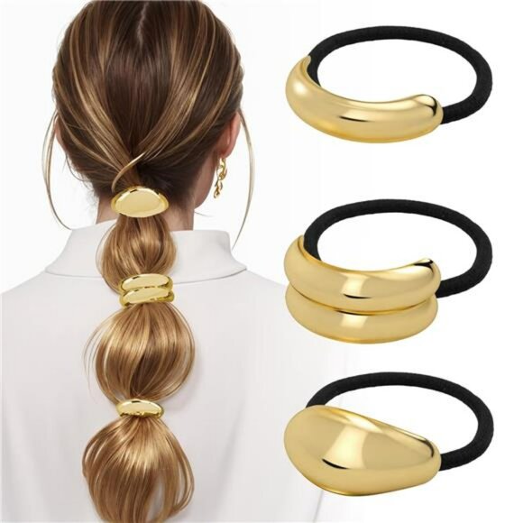 Gold metal hair ties set ponytail cuff holders no damage stretchy hair accessori - Picture 1 of 8